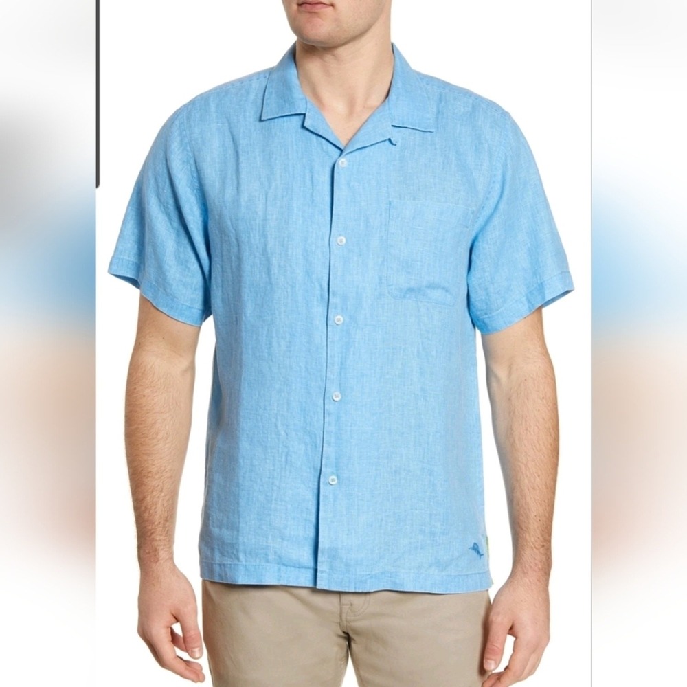 Tommy Bahama Short Sleeve Linen Sea Glass Camp Shirt Lg Resort Vacation